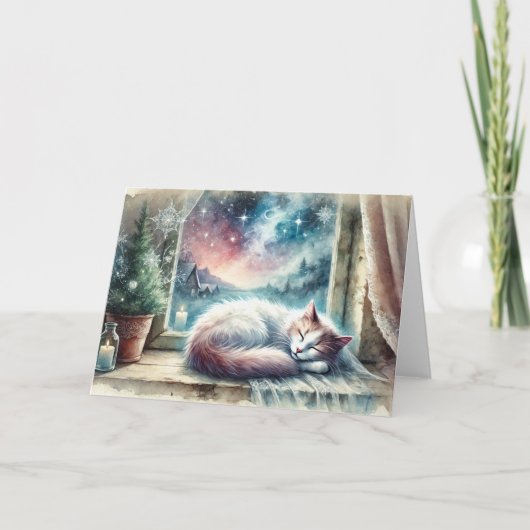 Winter Cat Watercolor Holiday Card カード (正面)