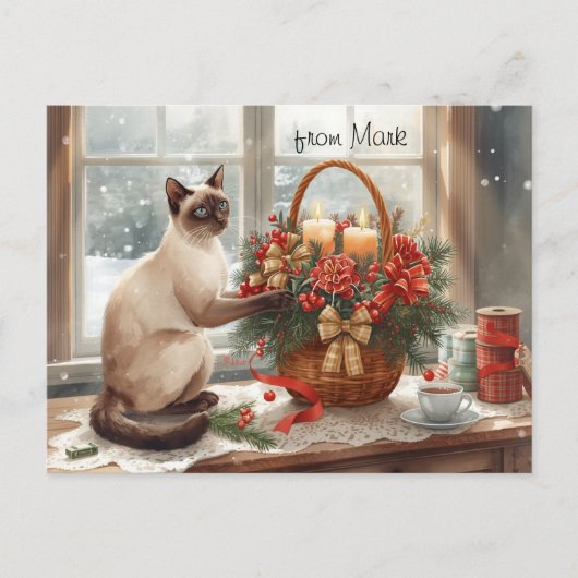 Winter Cat with Flowers  Christmas Collection シーズンポストカード (正面)
