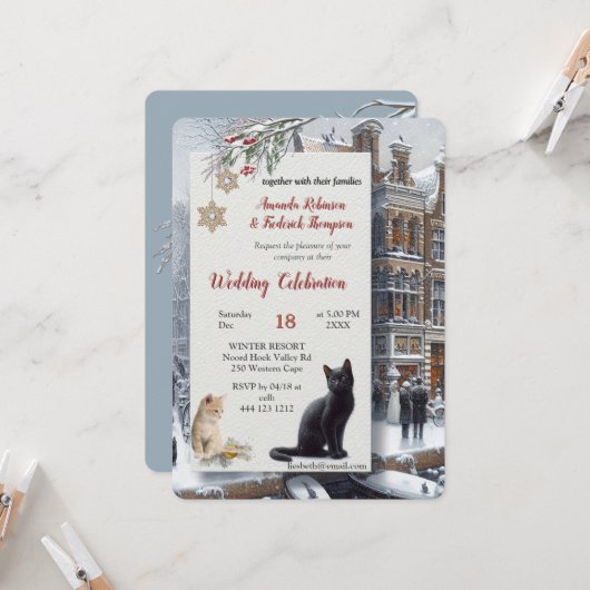 Winter Celebrations in the Snow, with Kittens 招待状 (正面/裏面インサイチュ)