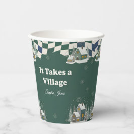 Winter Checkered "It Takes a Village" ベビーシャワー 紙コップ