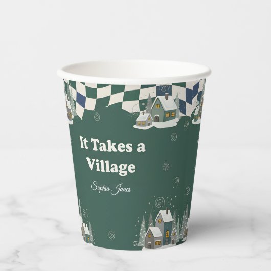 Winter Checkered "It Takes a Village" ベビーシャワー 紙コップ (正面)