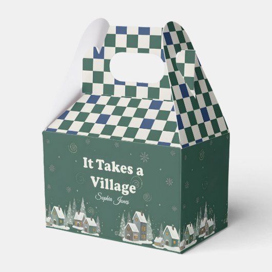 Winter Checkered "It Takes a Village" baby shower フェイバーボックス (正面サイド)