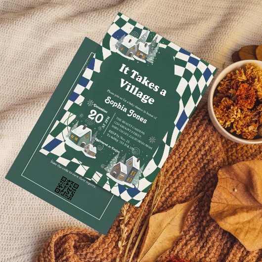 Winter Checkered "It Takes a Village" baby shower 招待状