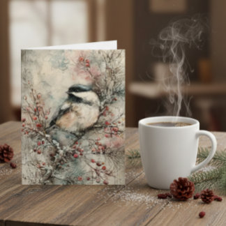 Winter Chickadee Watercolor Christmas Card – Peace シーズンカード