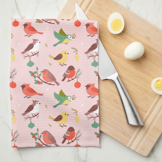 Winter Christmas Birds キッチンタオル (四つ折り)