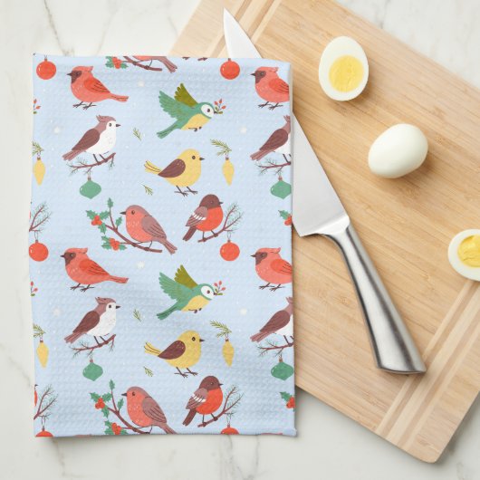 Winter Christmas Birds キッチンタオル (四つ折り)