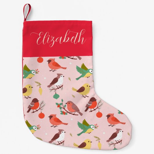 Winter Christmas Birds Personalized Kids スモールクリスマスストッキング (正面)