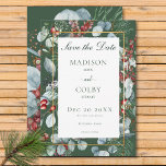 Winter Christmas Greenery Green日付カードを保存 セーブザデート<br><div class="desc">優雅なtouchで冬の結婚式を霜の降りた発表。私たちの魅力保存日付カードは、魅惑的な水色のシーンを特徴とする。赤いバラのお尻と深いの青い果実と混ざり合うパインの枝と香鮮やかりのよいユーカリの香り豊かな緑の葉の中に閉じ込められている。デザインは豊かな休日の松の緑を背景に目立つ。あなたの結婚詳細は白い鮮明な文字ボックスに飾られ、繊細な金ゴールドの輪郭フレームで囲まれてウィムシーのtouchを追加する。この魅惑的なデザインは、冬の風景の美しいを捉え、あなたの愛の物語に本当に忘れ祝る方法を作成する。Simple Farmhouse Pressによって作成。</div>