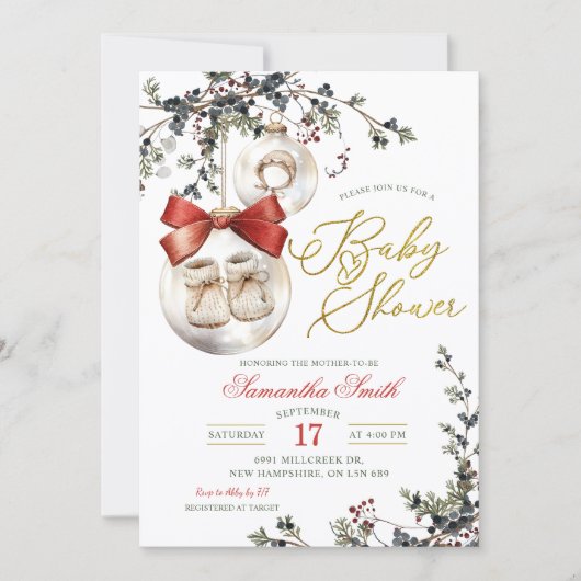 Winter Christmas Minimalist Bauble Baby Shower 招待状 (正面)