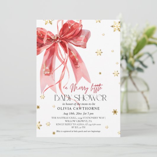 Winter Christmas Red Bow Baby Shower 招待状 (スタンド正面)