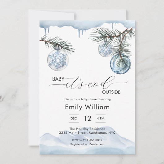 Winter Christmas Snowflake Ball Boy Baby Shower  招待状 (正面)