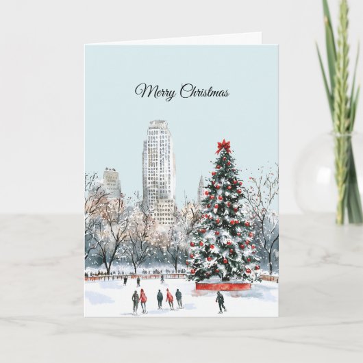 Winter Christmas Tree City Ice Skaters Buildings カード (正面)