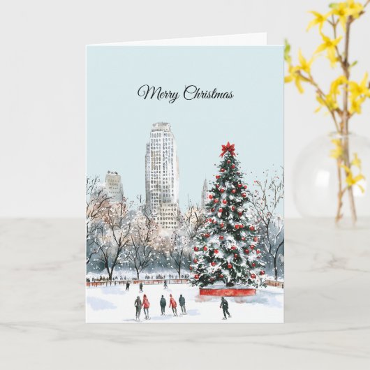 Winter Christmas Tree City Ice Skaters Buildings カード (黄色い花)