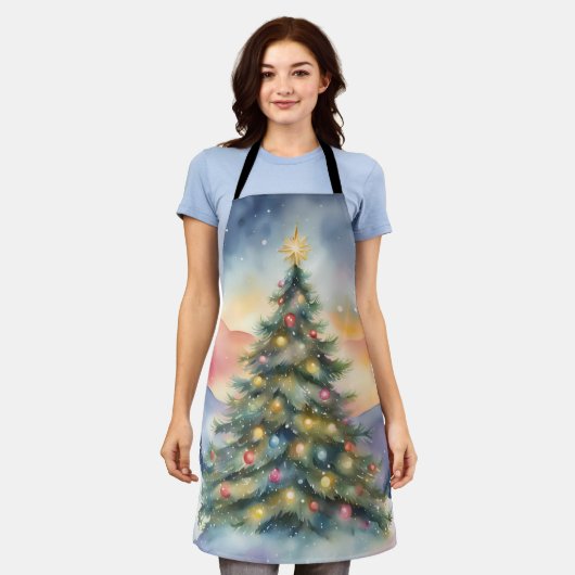 Winter Christmas Tree Snowy Sunset Scenery エプロン (着用した状態)