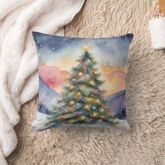 Winter Christmas Tree Snowy Sunset Scenery クッション (ブランケット)