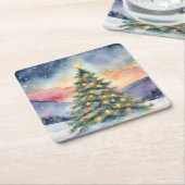 Winter Christmas Tree Snowy Sunset Scenery スクエアペーパーコースター (アングル)