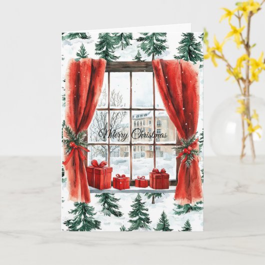 Winter Christmas Trees City Window カード (黄色い花)