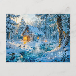 Winter Cottage by the Forest Stream ポストカード