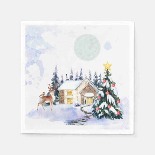 Winter Cottage Christmas Paper Napkins スタンダードカクテルナプキン (正面)