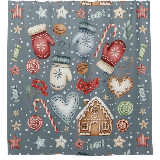 Winter Cottage - Mittens, Gingerbread & Sweets (3) シャワーカーテン (正面)