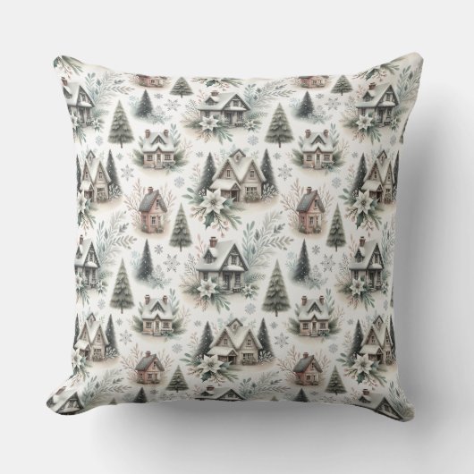 Winter Cottage Snowfall Pattern クッション (正面)