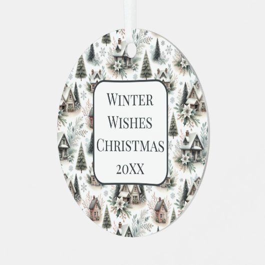 Winter Cottage Snowfall Pattern メタルオーナメント (正面左)