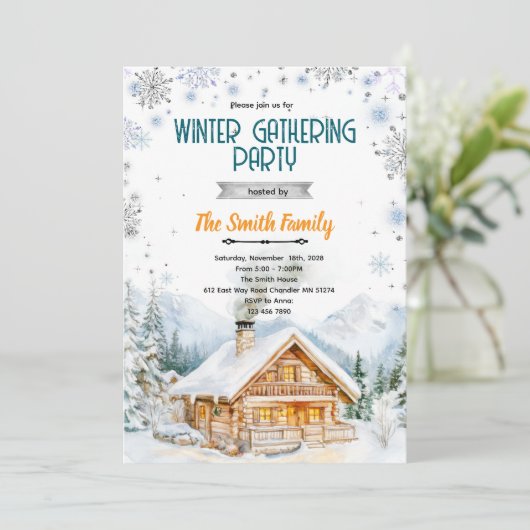 Winter cozy cabin party invitation 招待状 (スタンド正面)