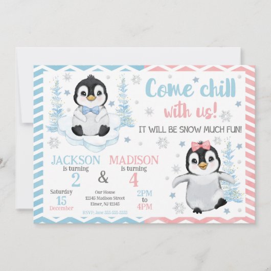 Winter Cute Penguins Joint Birthday 招待状 (正面)