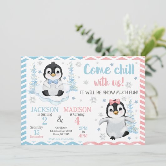 Winter Cute Penguins Joint Birthday 招待状 (スタンド正面)