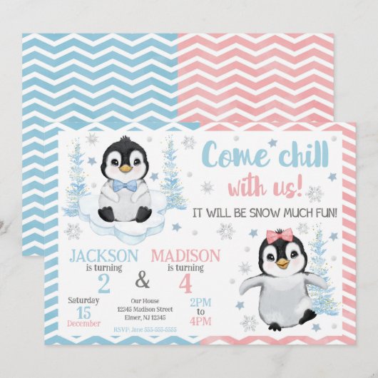Winter Cute Penguins Joint Birthday 招待状 (正面/裏面)