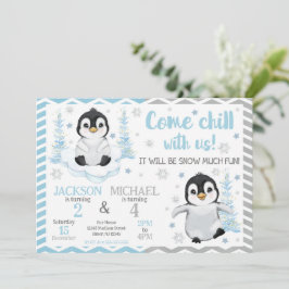 Winter Cute Penguins Joint Birthday 招待状
