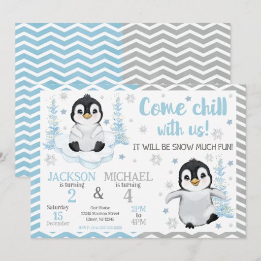 Winter Cute Penguins Joint Birthday 招待状 (正面/裏面)