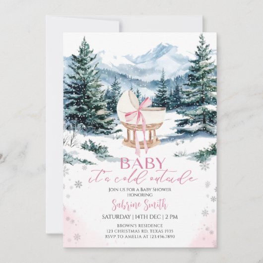 Winter Cute Pink Bow Cradle Baby Shower 招待状 (正面)