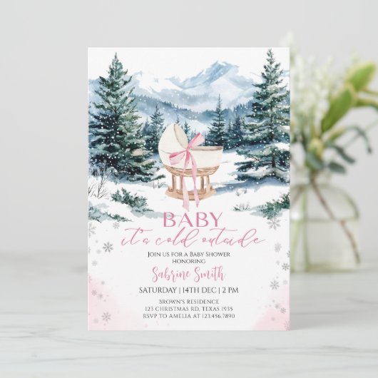Winter Cute Pink Bow Cradle Baby Shower 招待状 (スタンド正面)