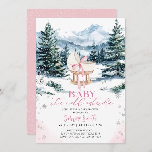 Winter Cute Pink Bow Cradle Baby Shower 招待状 (正面/裏面)