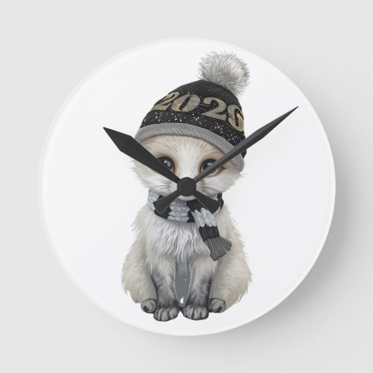 Winter Cutie 2026 Wall Clock – Cute Winter Animal  ラウンド壁時計 (正面)