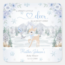 Winter Deer Blue Snowflake Baby Shower スクエアシール