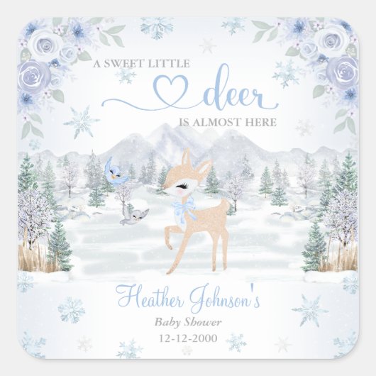 Winter Deer Blue Snowflake Baby Shower スクエアシール (正面)