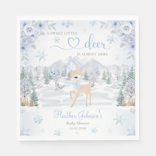 Winter Deer Blue Snowflake Baby Shower スタンダードランチョンナプキン (正面)