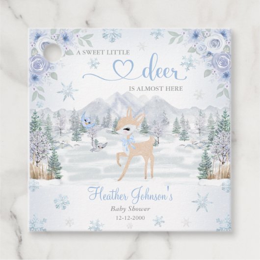 Winter Deer Blue Snowflake Baby Shower フェイバータグ (正面)