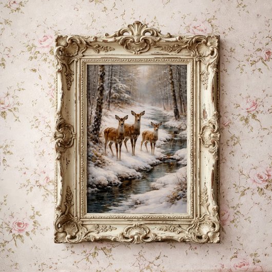 Winter Deer by Forest Stream ポスター