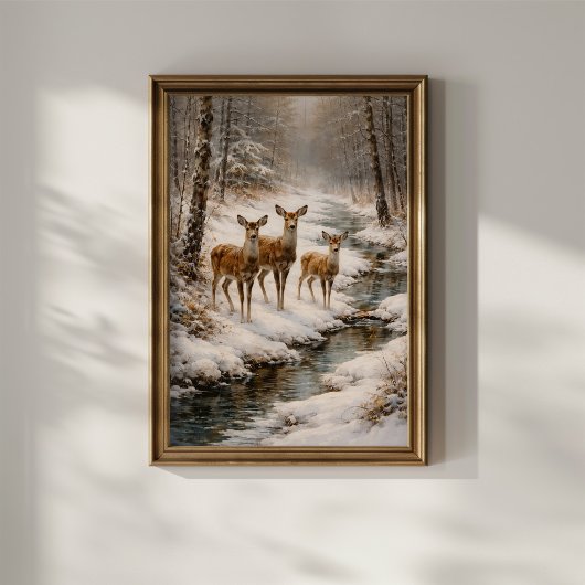 Winter Deer by Forest Stream ポスター