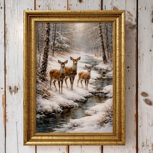 Winter Deer by Forest Stream ポスター
