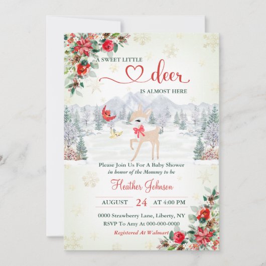 Winter Deer Christmas Snowflake Baby Shower  招待状 (正面)