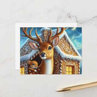  Winter Deer Family in Gingerbread House Postcard ポストカード