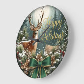 Winter Deer Happy Holidays ラージ壁時計 (傾斜)