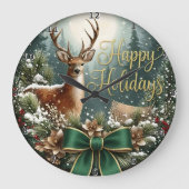 Winter Deer Happy Holidays ラージ壁時計 (正面)