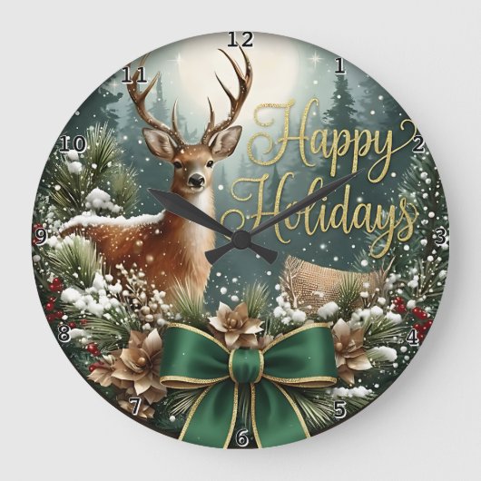 Winter Deer Happy Holidays ラージ壁時計 (正面)