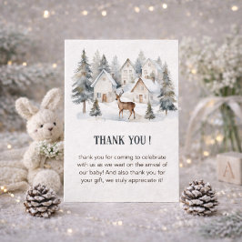 Winter Deer in Village Watercolor Baby Shower サンキューカード