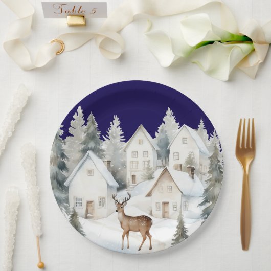 Winter Deer in Village Watercolor Baby Shower ペーパープレート (ウェディング)